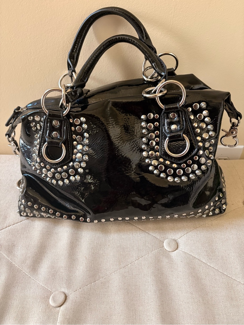 Black Sliver Studded Patent Satchel Handbag